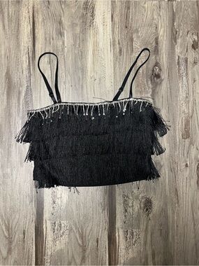 Beaded Fringe Black Women's Crop Top